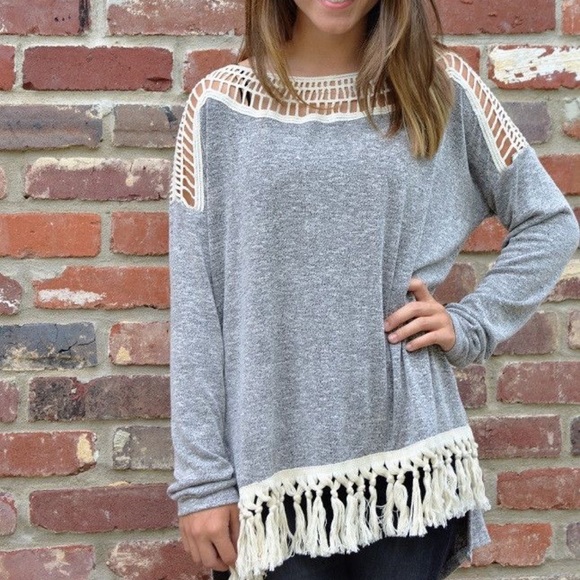 Crochet Lace Fringe Trim High Low Knit Top - Picture 2 of 6